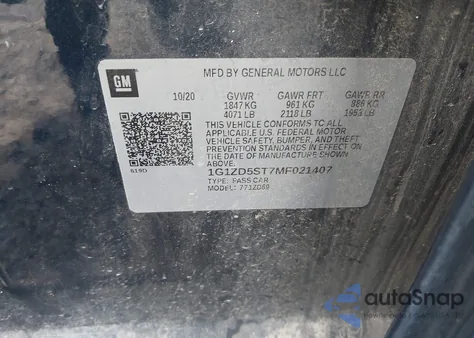 2021 Chevrolet Malibu Fwd Lt z USA, uszkodzony, nr VIN 1G1ZD5ST7MF021407